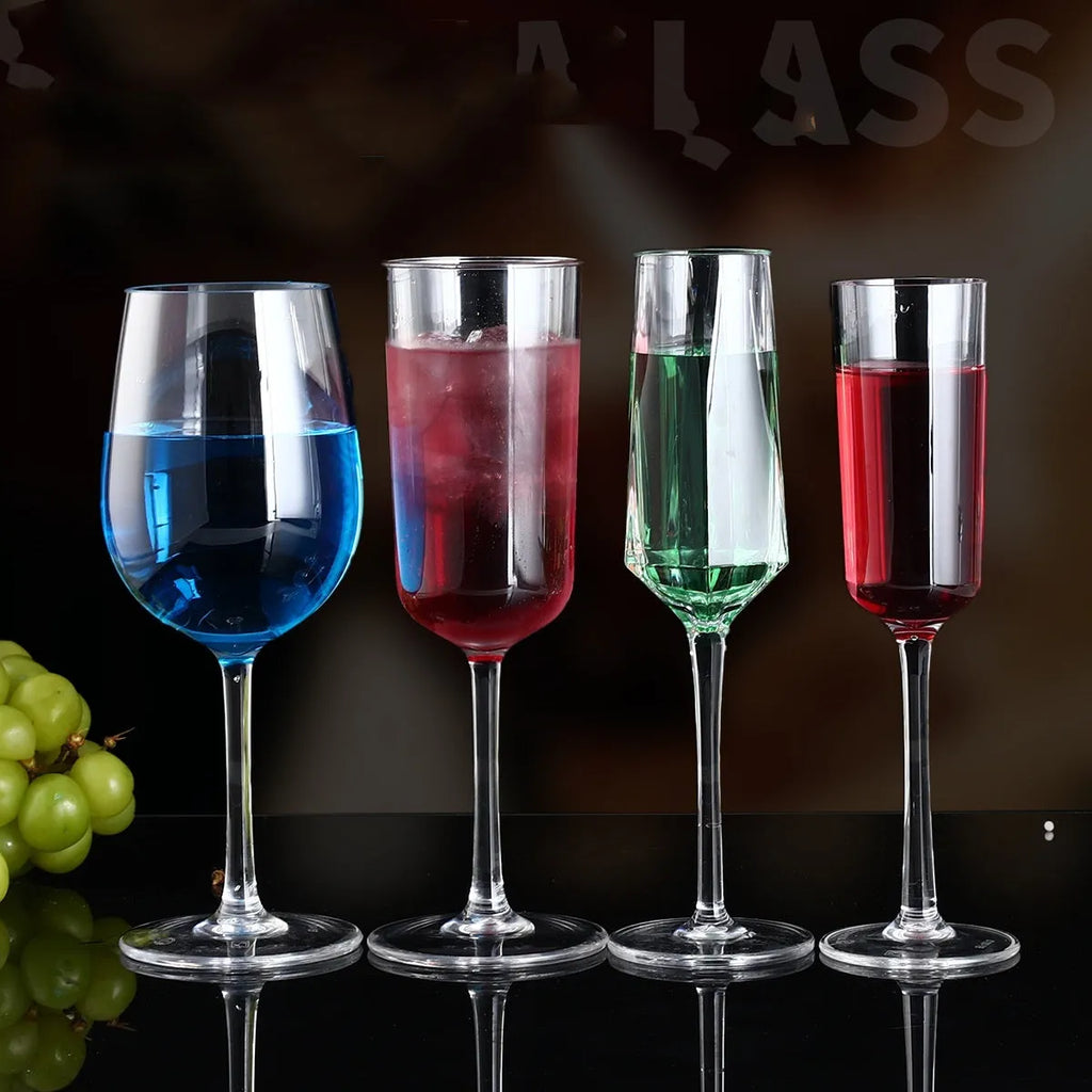 Drop-resistant PC Acrylic wine glass in modern simplicity style available in 300ml and 550ml capacities for party catering.