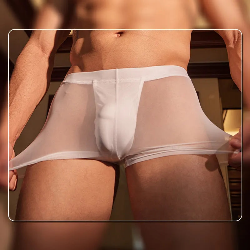 Men's black and white ultra-thin nylon boxer briefs showing front and back views