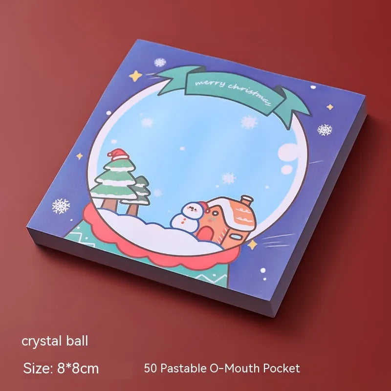 Christmas cartoon sticky notes set with Santa Claus, Elf, Snowman, Gift, Sled, House, Crystal Ball, and Christmas Bear designs