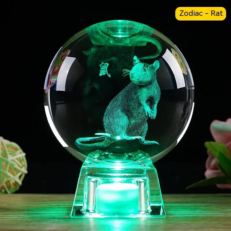 White crystal ball zodiac lamp with Chinese style design and electronic base showing zodiac symbol