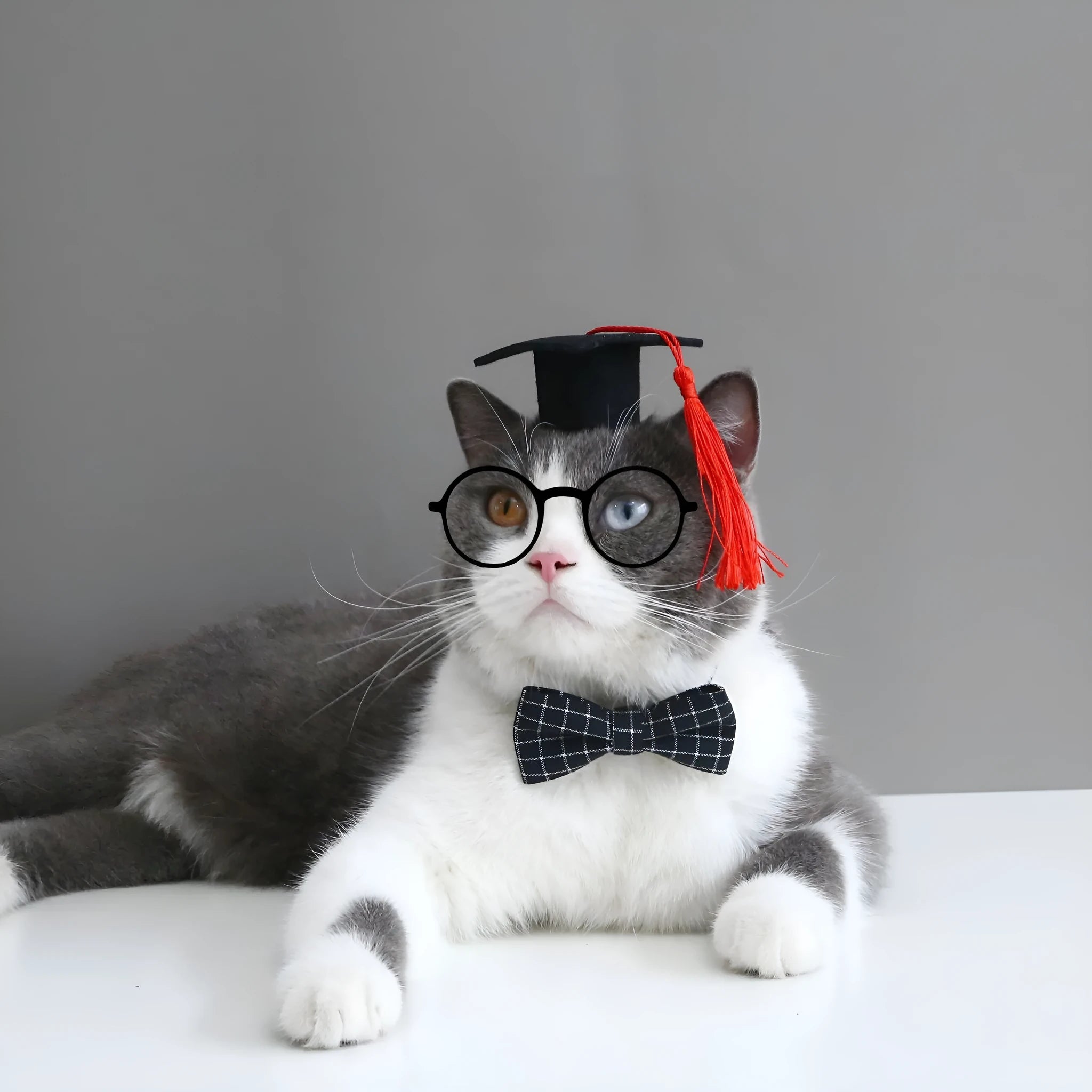 Pet graduation costume with elastic hair band and bow tie in wool felt material