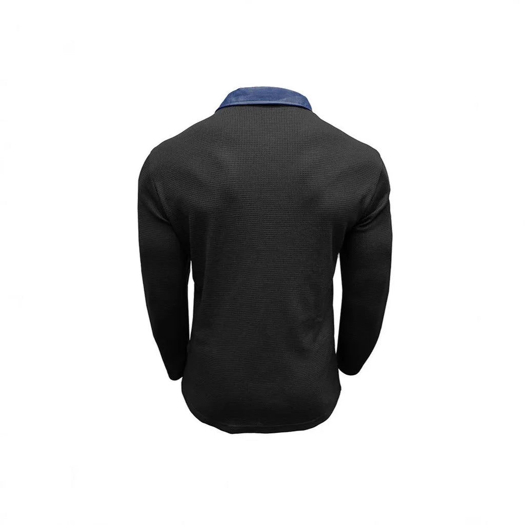 Men's long sleeve waffle polo shirt with asymmetric design in wine red colour