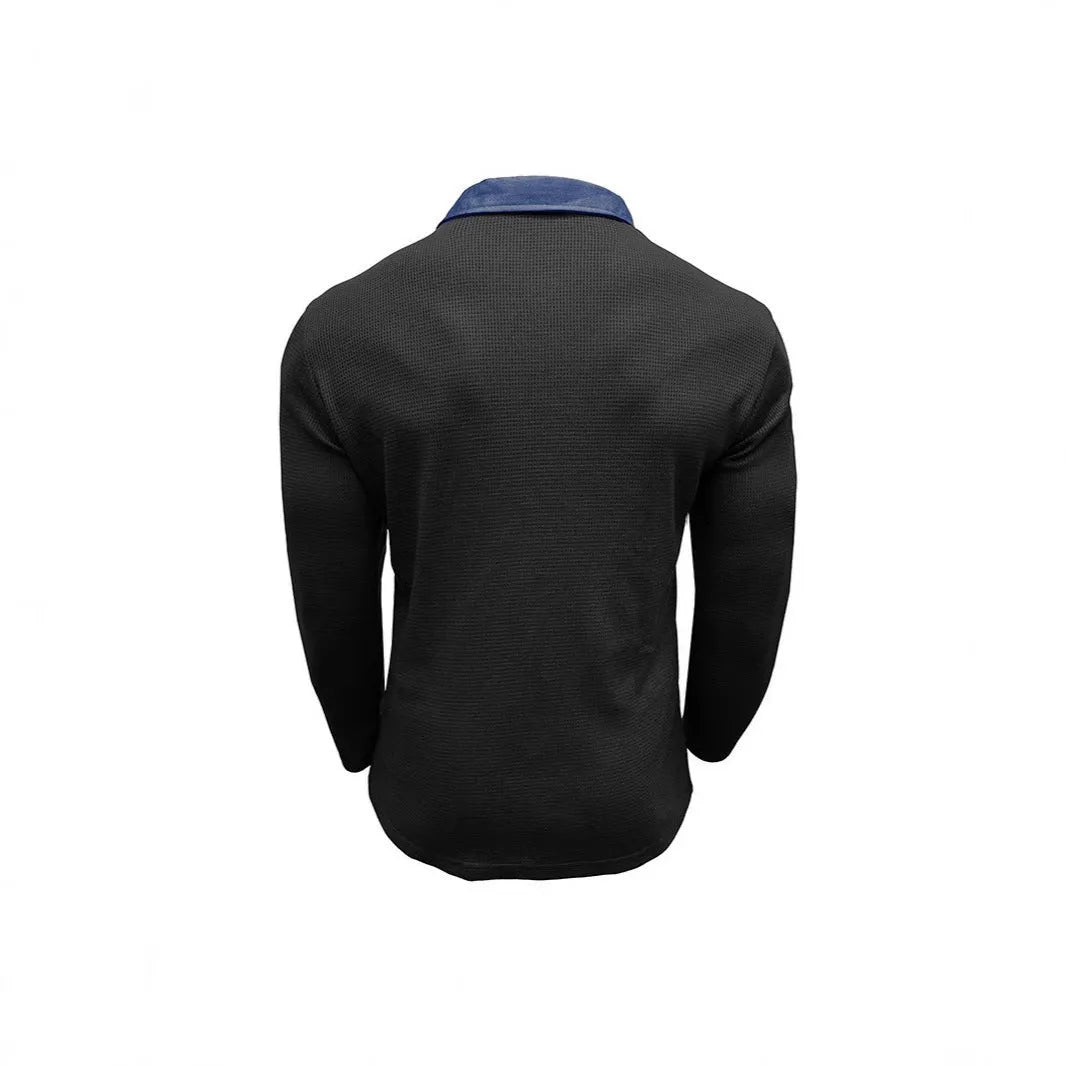Men's long sleeve waffle polo shirt with asymmetric design in wine red colour