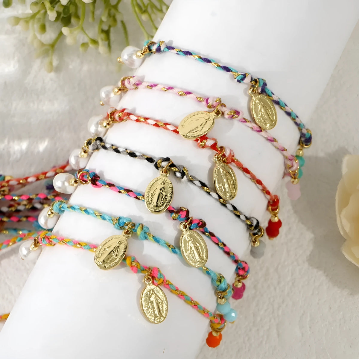 Colourful hand-woven ethnic bracelet for women with a carrying strap tag design.