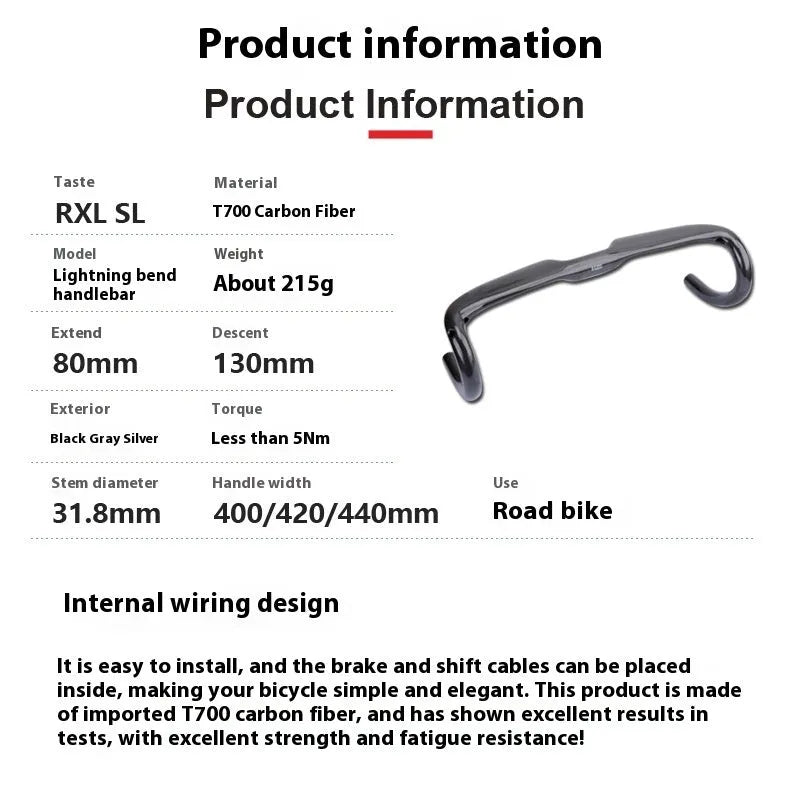Carbon fibre road bicycle drop handlebar in black grey silver, shown in 400mm, 420mm, and 440mm width options.