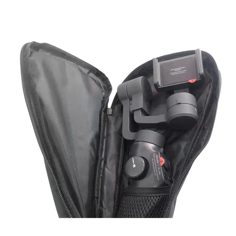 Black cloth storage bag for mobile phone stabilizer accessories with gimbal components inside