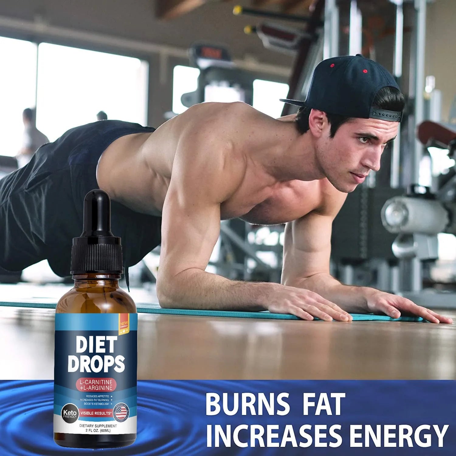 60ml bottle of ketone supplement drops with clear glass packaging