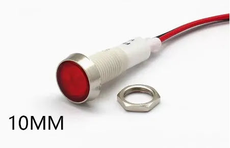 10mm stainless steel edge plastic indicator light with wire terminals and flat metal base