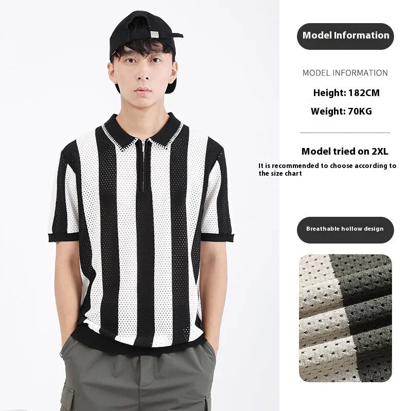 Man wearing a striped short sleeve ice silk sweater with decorative zipper details in a blue colour.