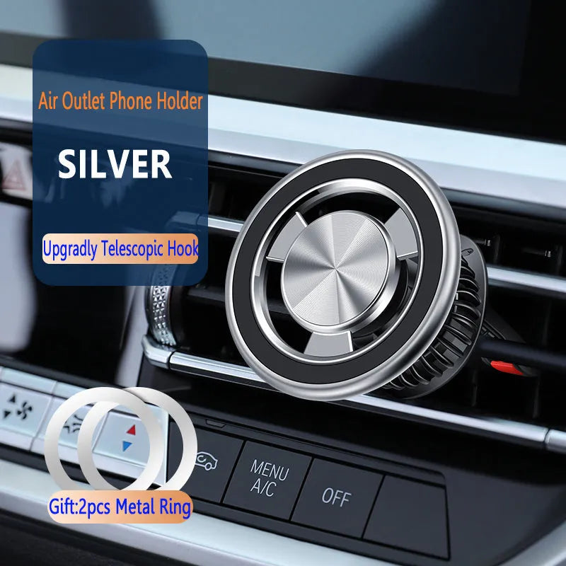Car air vent magnetic phone holder with alloy bracket in black and silver colour options