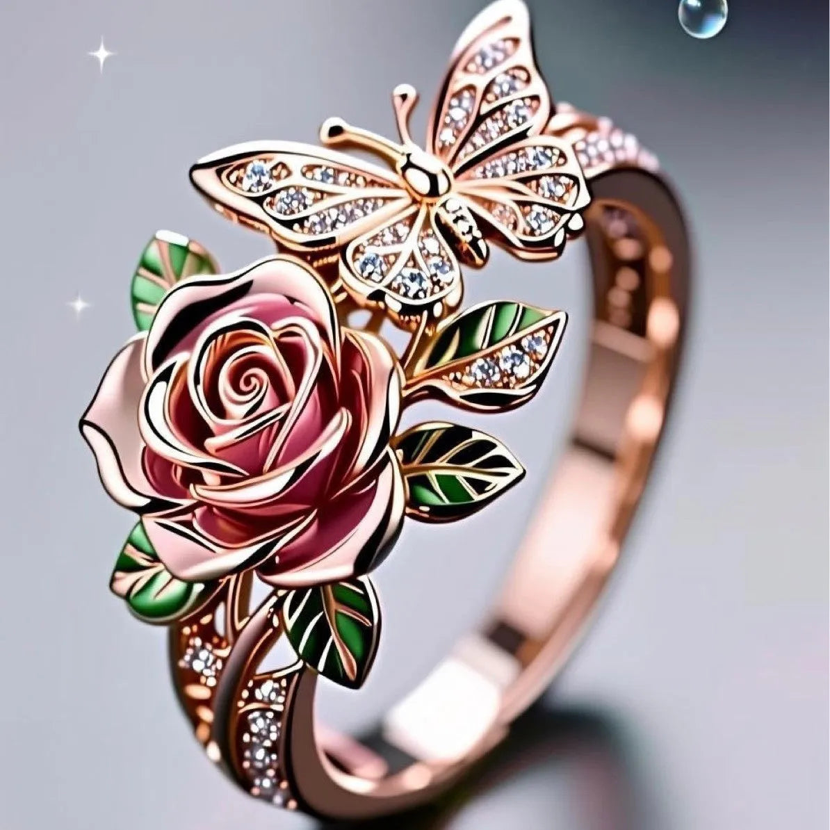 Colourful oil treatment fairy style ring with adjustable alloy construction showing flower, insect and leaf modelling
