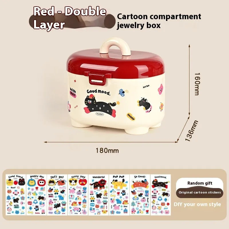 Cartoon-style plastic desktop organiser with grid compartments and labelling stickers for stationery storage