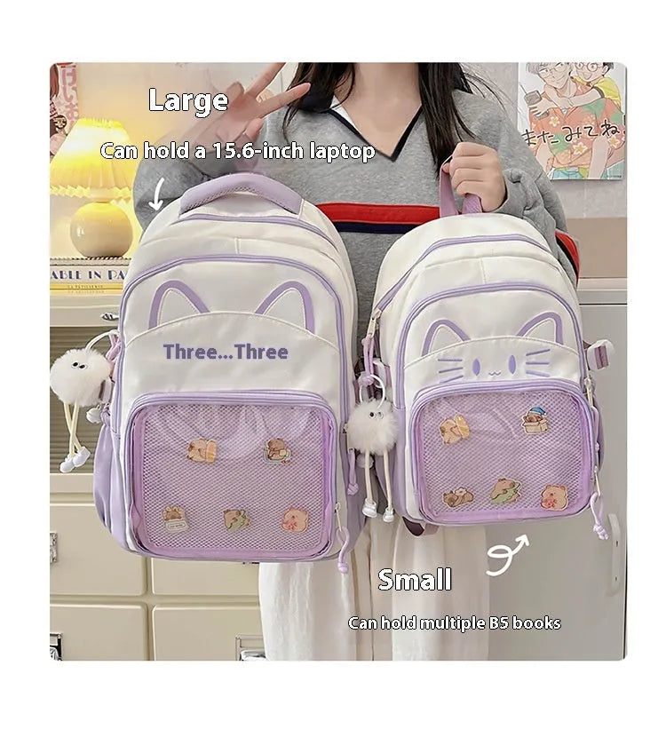 Korean cartoon anime style large capacity nylon backpack in various colours with curved shoulder straps.