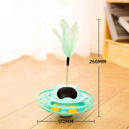 Pink cat tumble spinner toy with feather attachment measuring 17x10cm for independent feline play