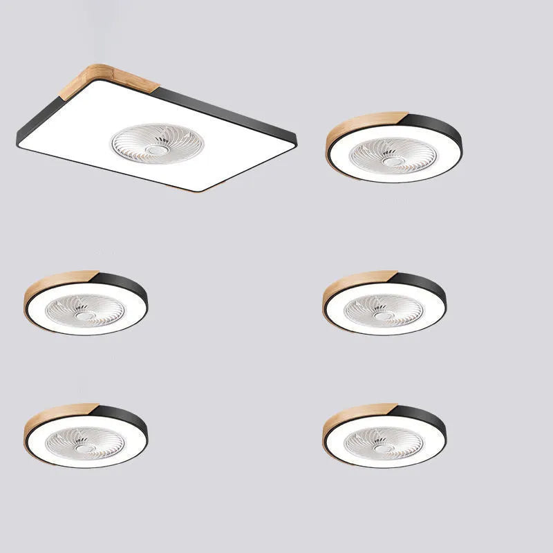 Nordic ceiling fan light with solid wood frame and white PVC lampshade, shown in rectangular, round, and square shapes.