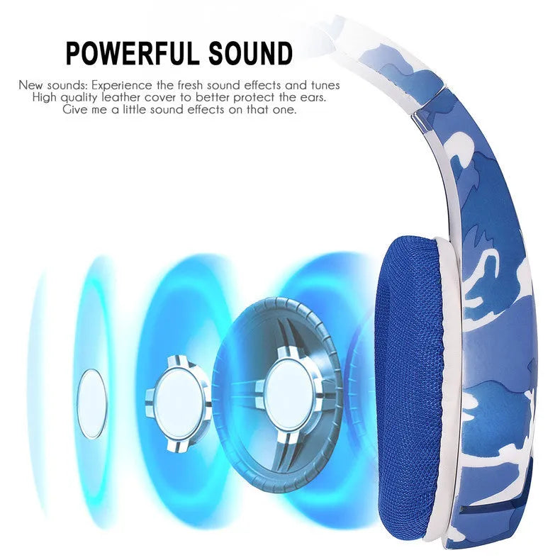Wired gaming headset with camouflage blue colour, cloth earmuffs and braided cable