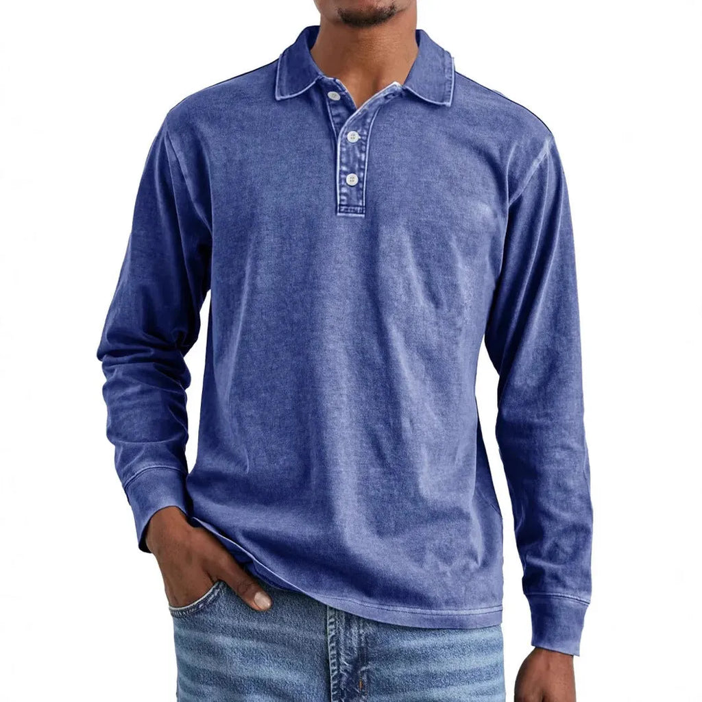Retro washed pure cotton polo shirt with long sleeves and a lapel collar, shown in Army Green.
