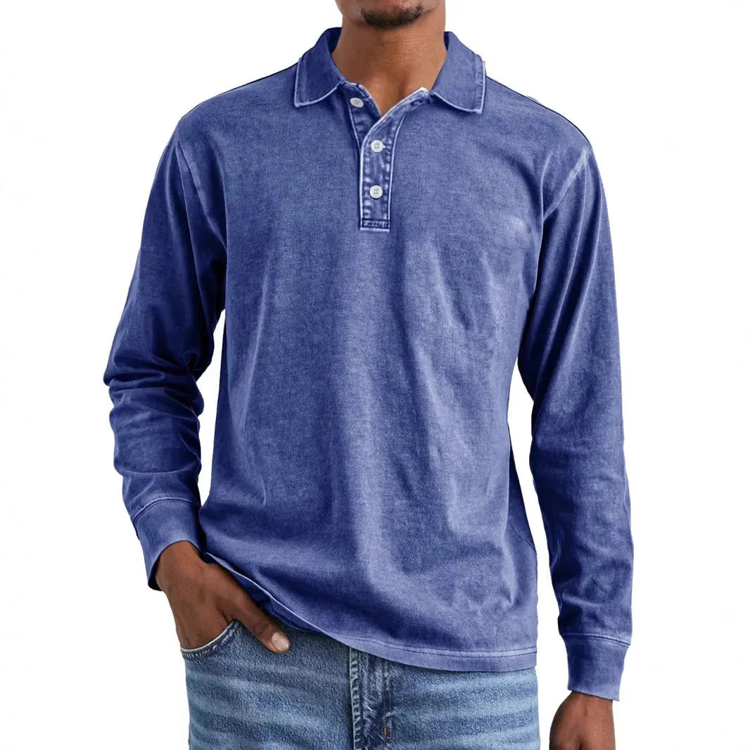 Retro washed pure cotton polo shirt with long sleeves and a lapel collar, shown in Army Green.