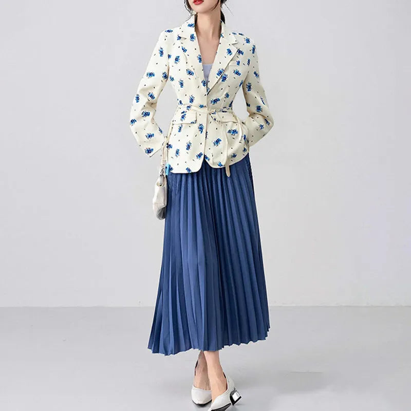 Collar lace-up waist-tight suit jacket with floral print pattern and adjustable waist
