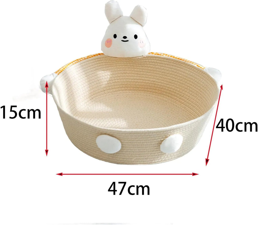 Woven cotton rope cat bed and scratcher basket in bear design, showing textured surface.
