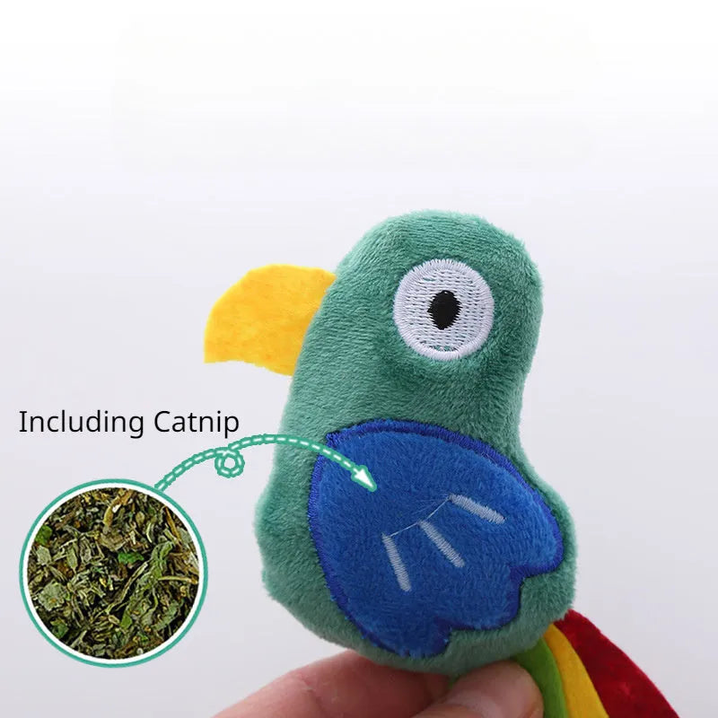 Parrot-shaped plush cat toy with colourful feathers and catnip filling