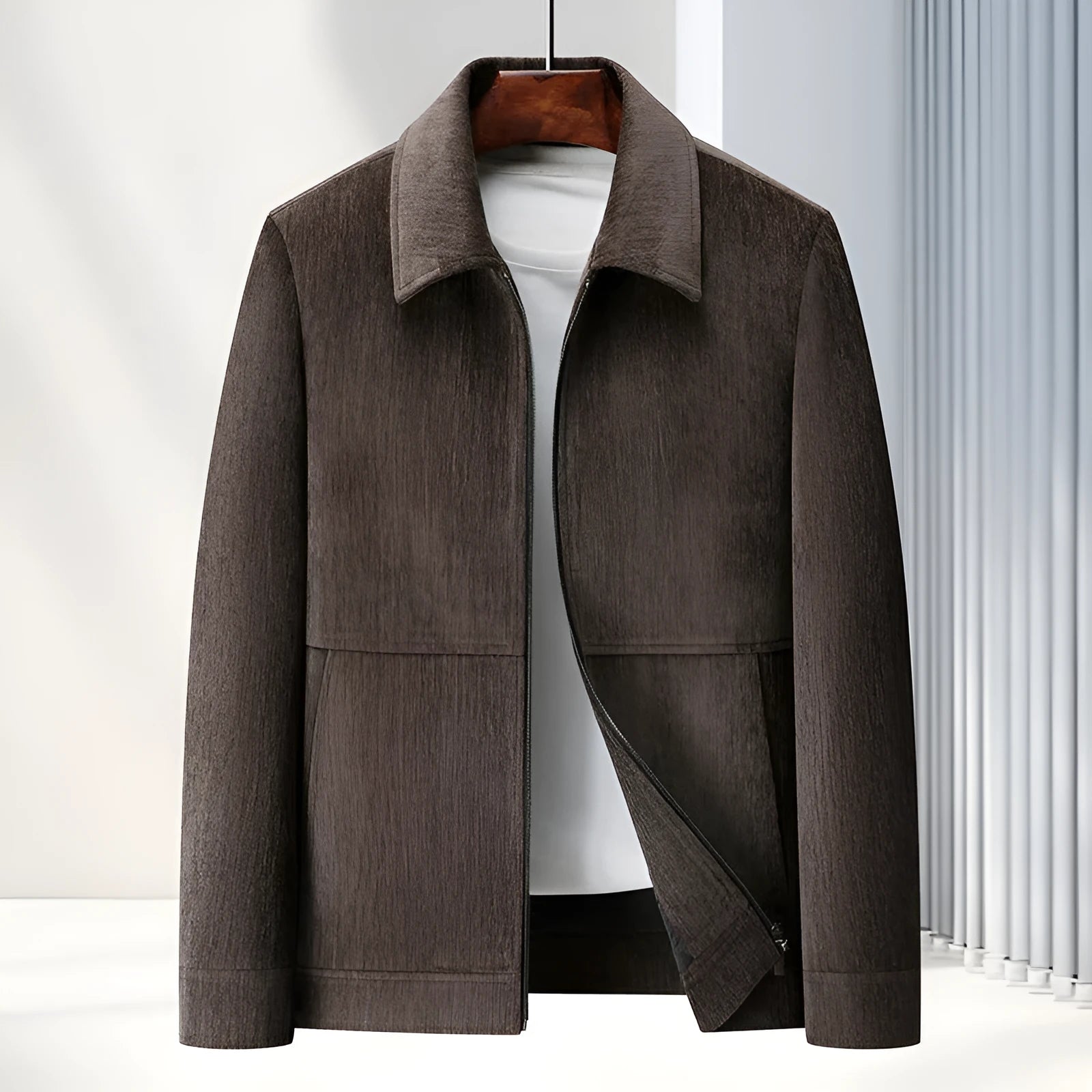 Men's slim fit lapel casual jacket in black, shown on a model.