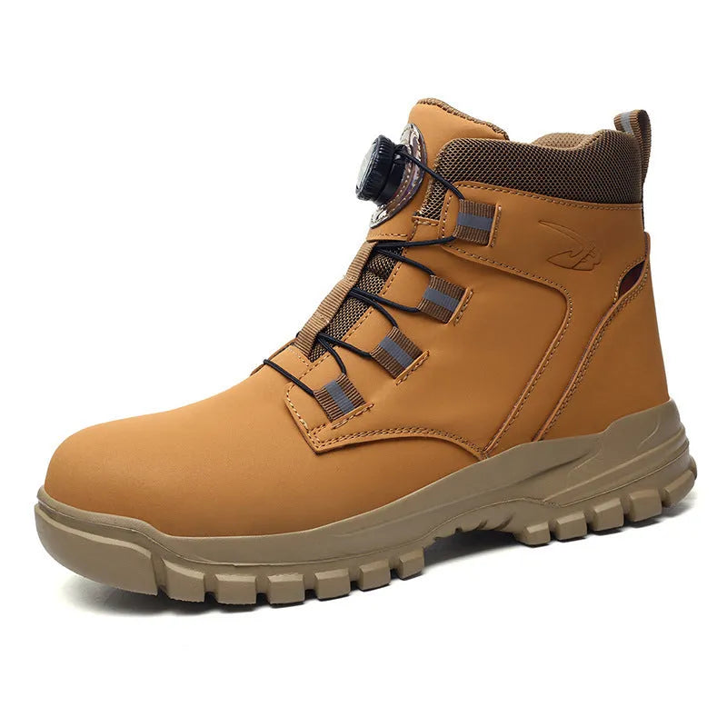 Black lightweight labour protection safety shoes with leather upper and anti-smash rubber sole.