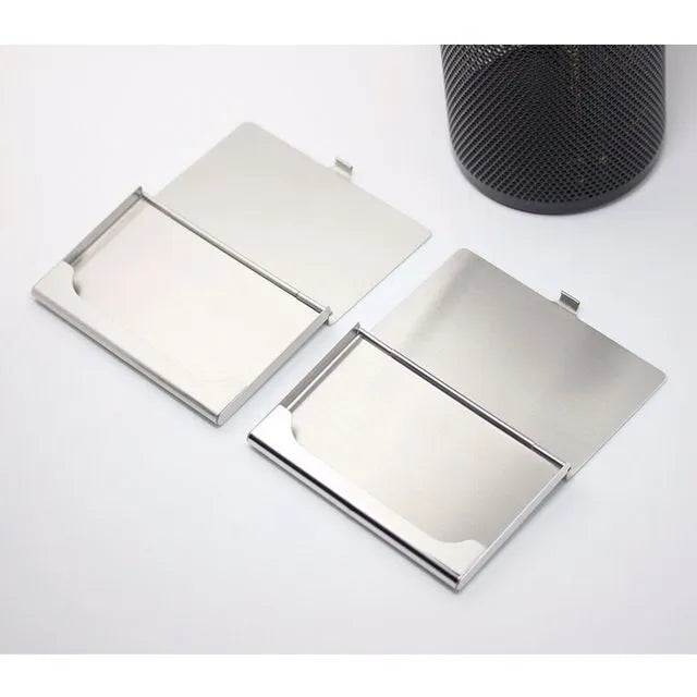 304 stainless steel business card case with laser sculpture geometry, mirror strip, and brush finish measuring 92.5mm