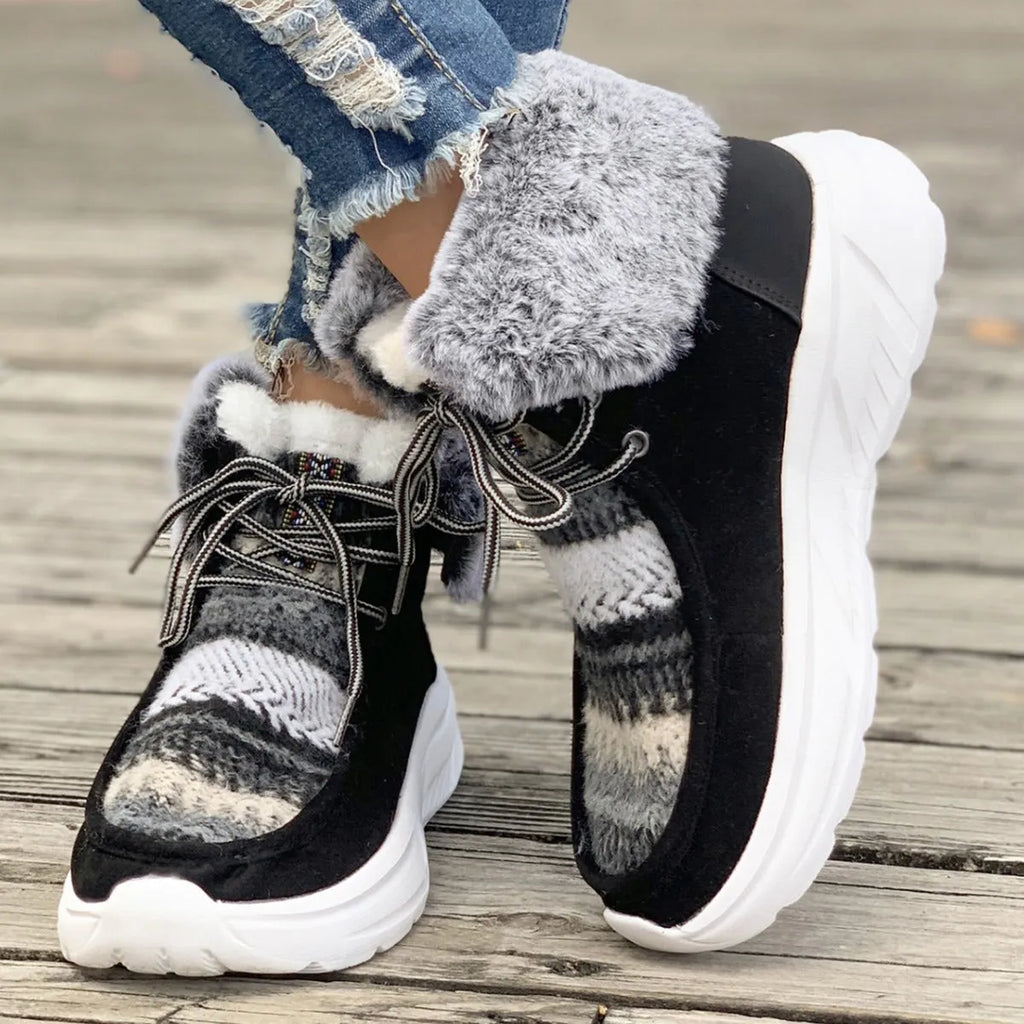 Women's beige lace-up snow boots with suede upper, thick sole, and plush lining