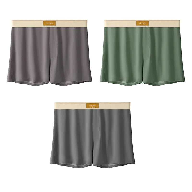 Pack of three men's loose fit solid colour underwear in ice silk fabric.