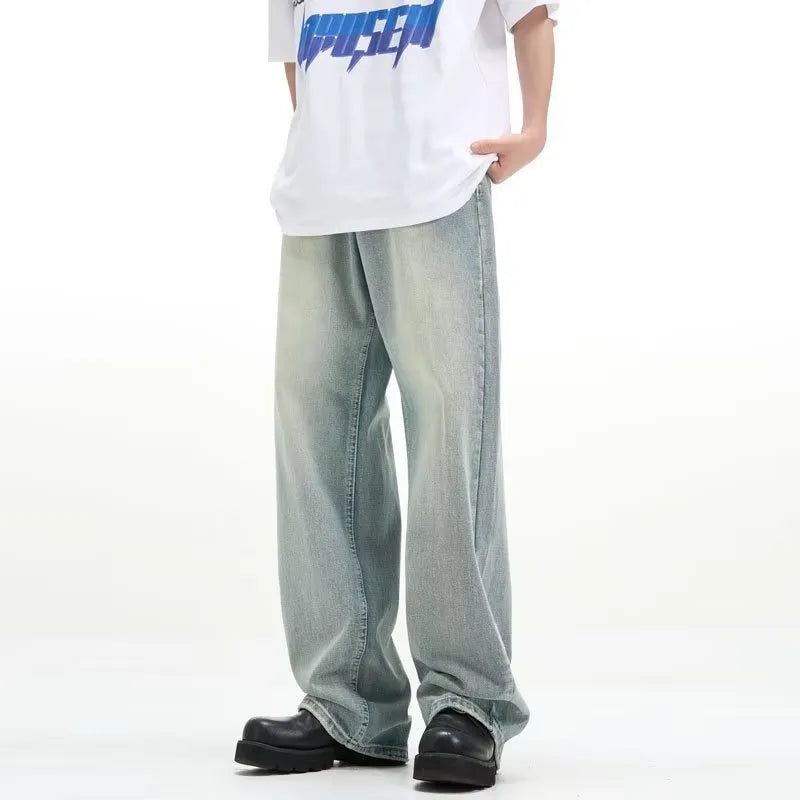 Blue loose-fit retro-style women's trousers made from rabbit fur fabric on a neutral background.