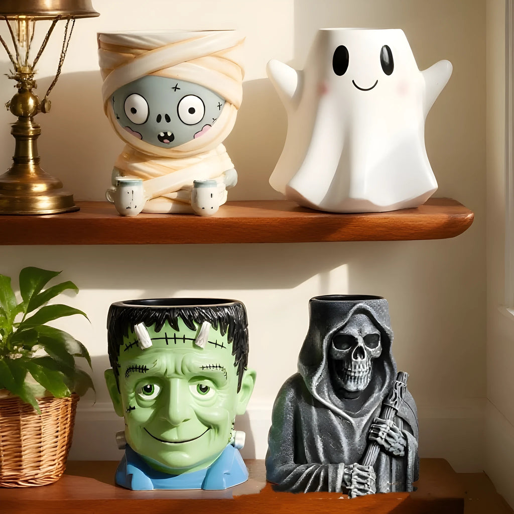 Halloween cartoon flower pot resin decoration with hand-painted bandage zombie design