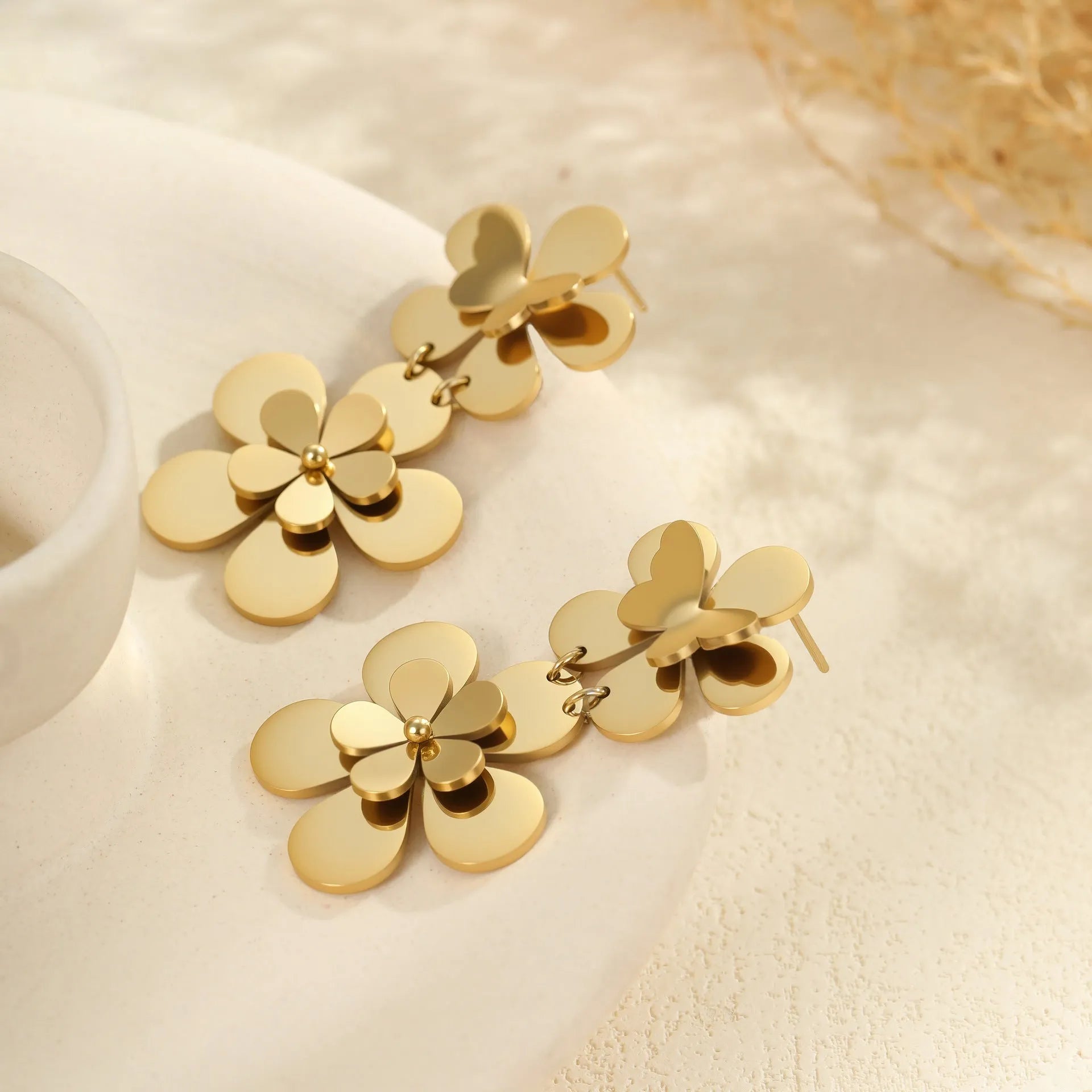 Gold flower butterfly stainless steel earrings for women with 18K electroplating