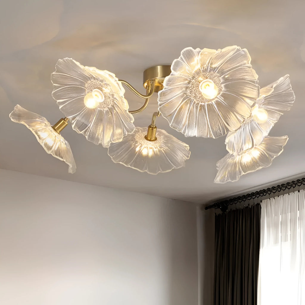 Simple modern flower ceiling lamp with 5 or 6 white or purple heads providing warm tricolor light for living room and bedroom