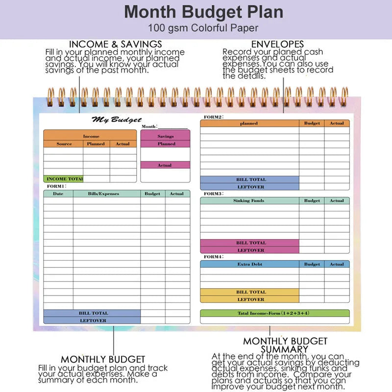 B5 size spiral-bound budget tally notebook with a PP cover, open on a table.