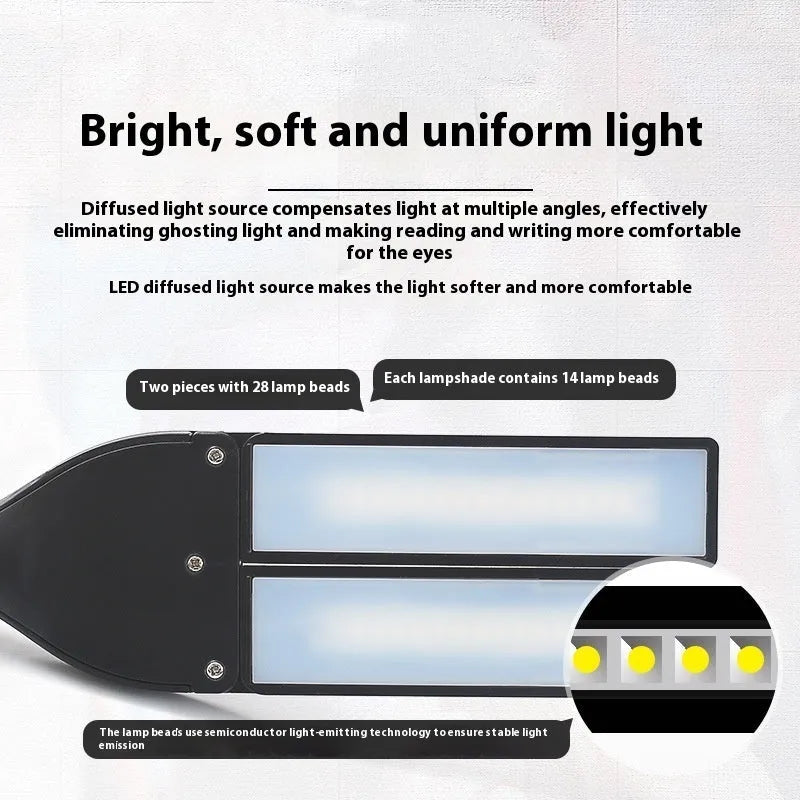 Black rechargeable LED music stand lamp with clip, shown illuminating sheet music.