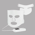Black and white LED phototherapy face mask with controller showing seven different coloured light modes for skincare.