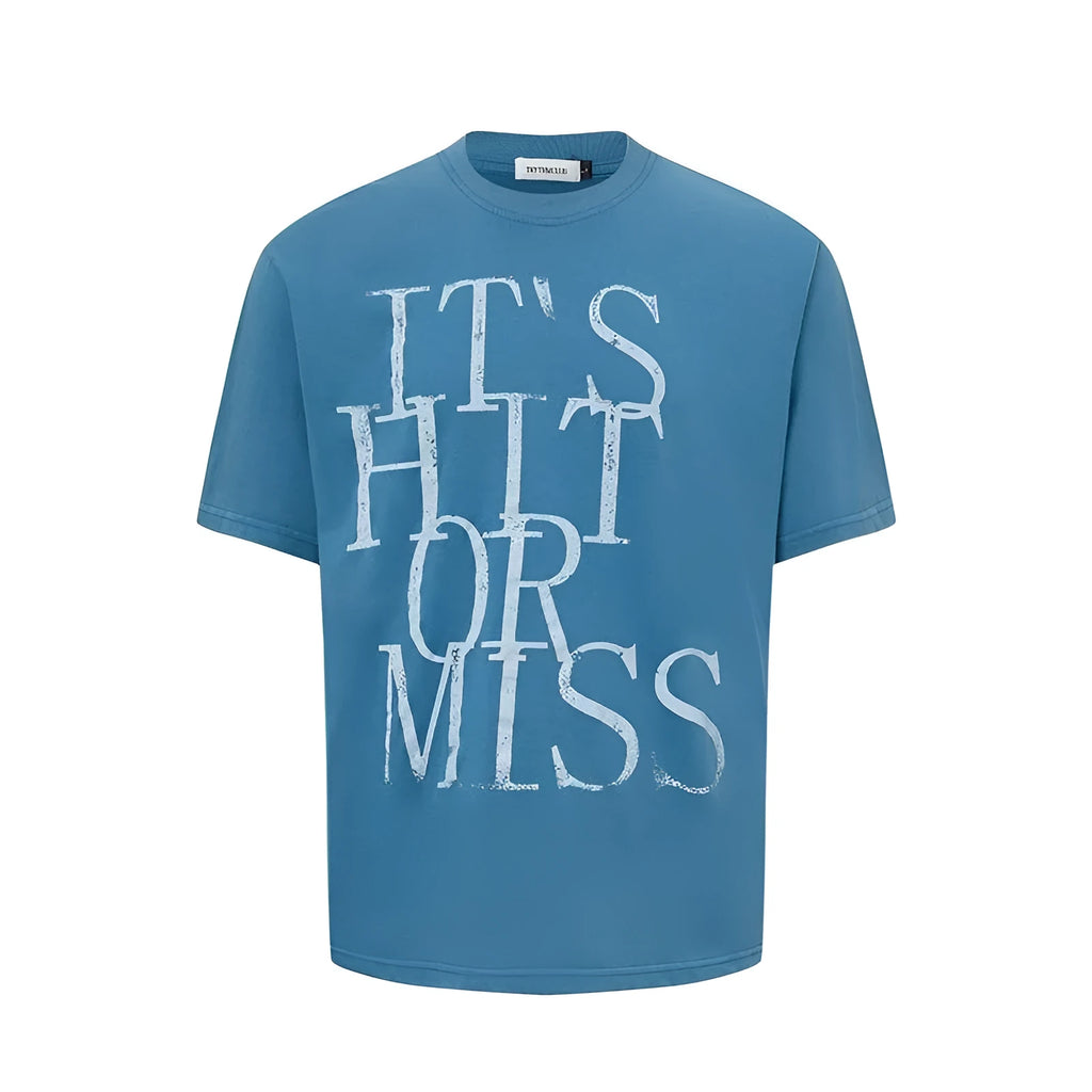 Men's blue American retro style t-shirt with white letter printing and loose fit design