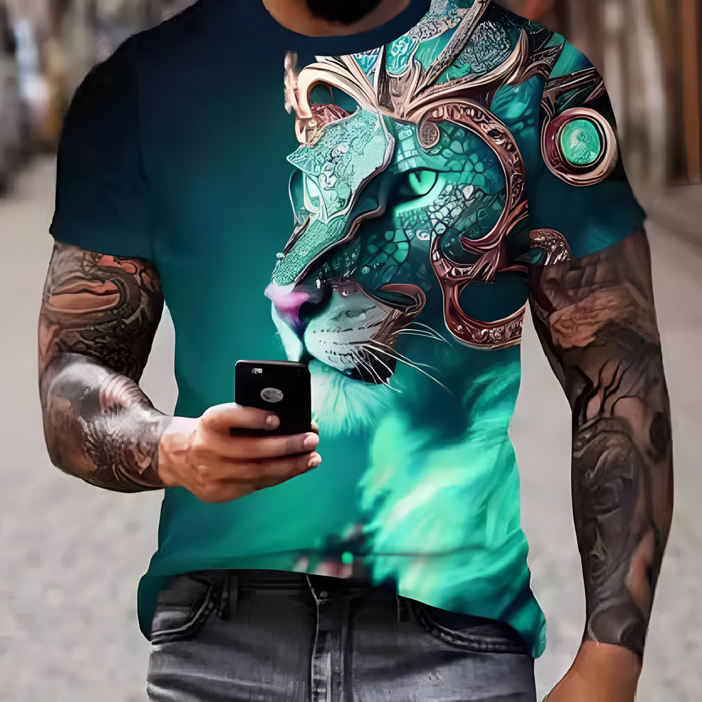 Men's black T-shirt featuring a textured 3D printed lion graphic on the chest.