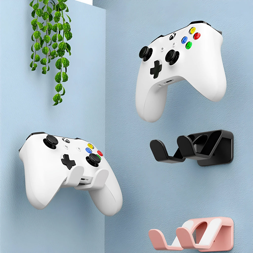 Universal game controller wall hanging rack in black with mounting hardware including adhesive and screws