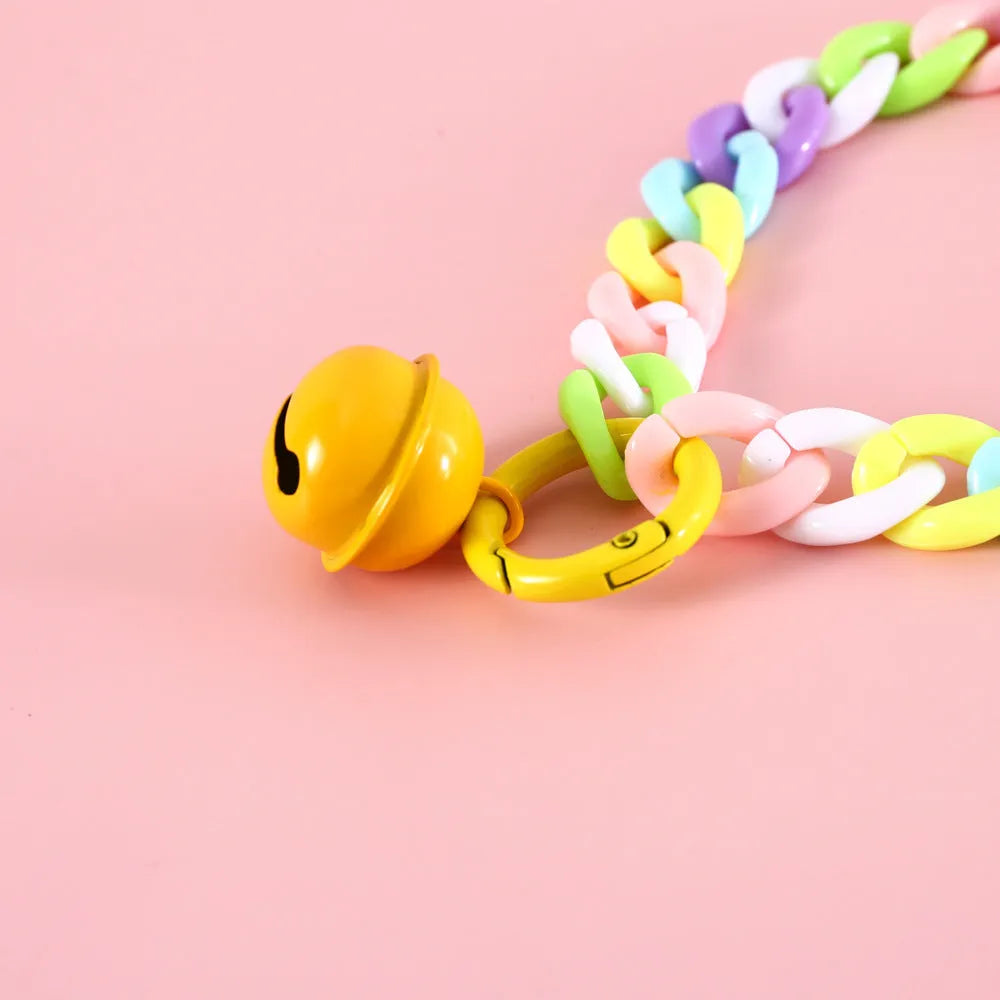 Adjustable plastic pet collar in macaron candy colours showing chain blue, pink and mixed options
