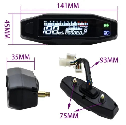 Black motorcycle mini LCD speedometer with adjustable oil gauge and 4.1-inch digital display