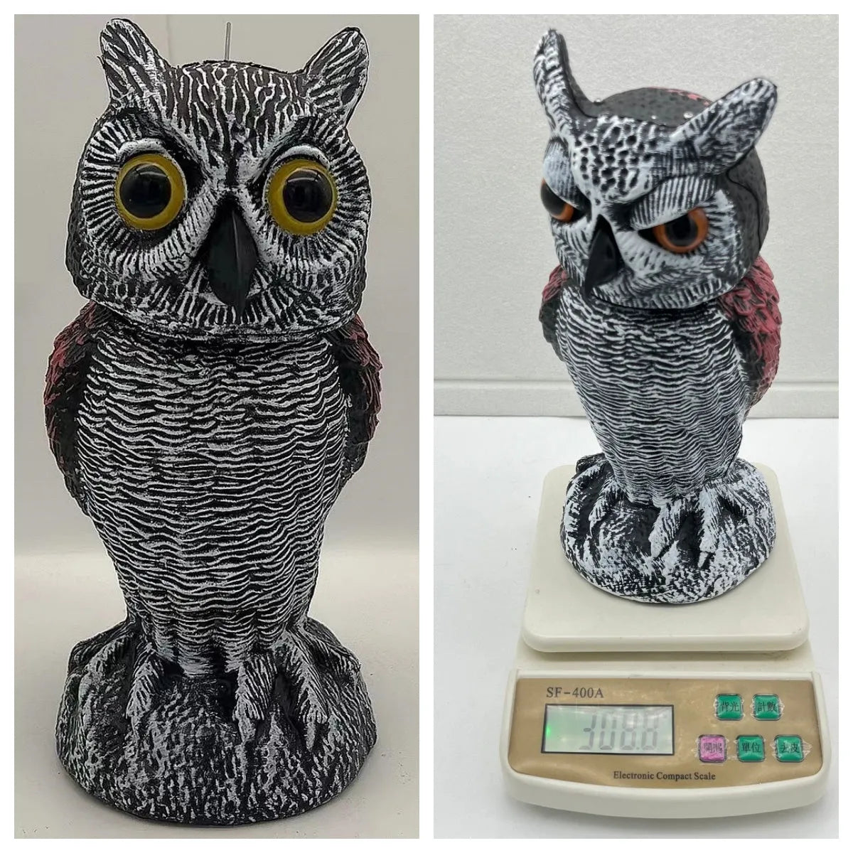 Artificial owl scarecrow bird deterrent ornament made from PE material with realistic casting details