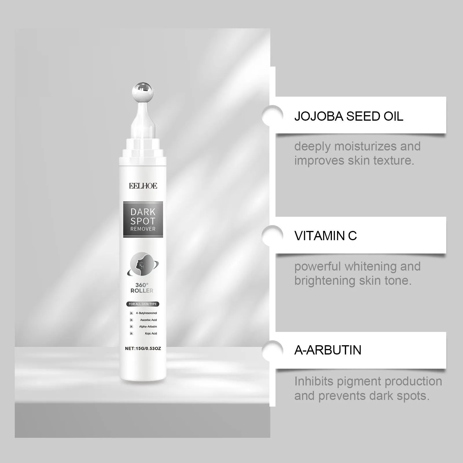 15g bottle of facial essence cream with jojoba oil, vitamin C, and brightening ingredients.