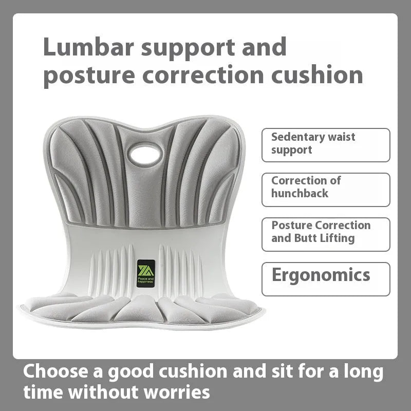Grey ergonomic waist support cushion for office chair posture correction.