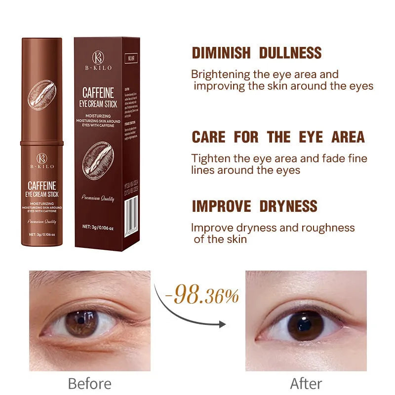 Caffeine eye cream stick in white packaging with roll-on applicator tip, 3g net content.