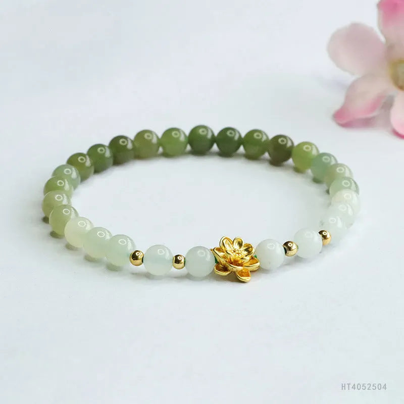 Hand-woven clear water gradient Hetian jade bracelet with 6mm flower beads