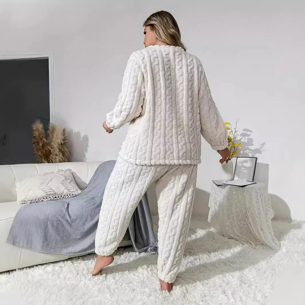 Women's creamy white two-piece trousers set with plush crew neck top and matching trousers in Japanese Korean casual style