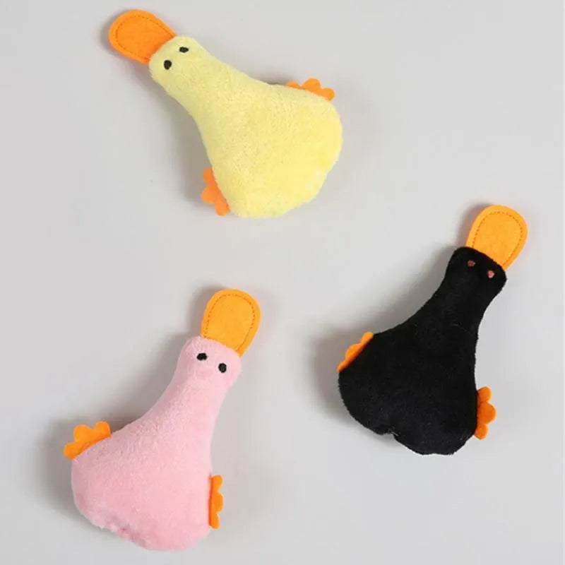 Plush duck pet toy with catnip filling and squeak sound in yellow colour