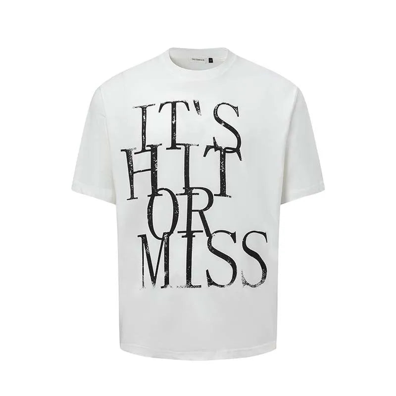 Men's blue American retro style t-shirt with white letter printing and loose fit design